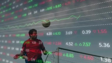 Futbolcular finansal borsa veri animasyonu üzerinde çalışıyor. Spor, finans, yatırım, atletizm, rekabet, ekonomi