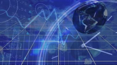 Mavi tonlarda veri işleme animasyonu olan soyut dijital ızgara ve küreyi. Teknoloji, yenilik, bağlantı, ağ, fütüristik, siber uzay