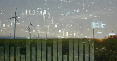 Rüzgâr türbinleri şehrin ışıklarının yanında finans animasyonlarıyla enerji üretiyor. Sürdürülebilirlik, yenilenebilirlik, güç, elektrik, yatırım, kentsel