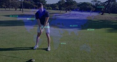 Dünya haritası animasyon örtülü golf sopası. technology, sports, innovation, analytics, digital, performance