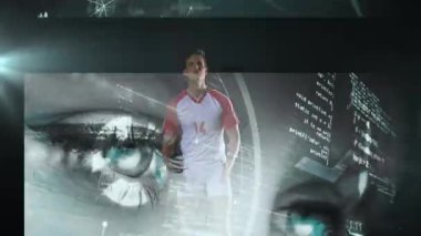 Futbolcu sanal ortamda dijital kod animasyonuyla etkileşime geçiyor. Teknoloji, yenilik, sanal gerçeklik, atlet, programlama, arayüz