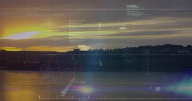 Gün batımında huzurlu manzarada finansal veri grafikleri ve kodlama animasyonları. Finans, teknoloji, analitik, dijital, yenilik, ekonomi