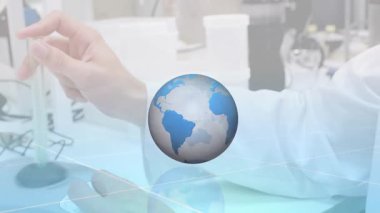 Okulda, bilimsel laboratuvar ortamında bayrakların dünya üzerinde dalgalanması. Eğitim, çeşitlilik, teknoloji, araştırma, laboratuvarlar