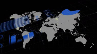 Yüzde istatistiklerini gösteren mavi verilerle dijital dünya haritası canlandırılıyor. Teknoloji, veri analizi, küresel, geleceksel, bilgi grafikleri, ağ