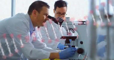 Laboratuvarda mikroskop oluşturan DNA iplikçikli bilim adamları örnekleri inceliyor. Bilim, araştırma, laboratuvar, genetik, biyoteknoloji, yenilik