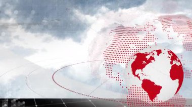 Gökyüzünde dijital çizgiler olan kırmızı noktalı küre ve beyaz kürenin animasyonu. Fütürist, teknoloji, sanal, soyut, ağ, konsept