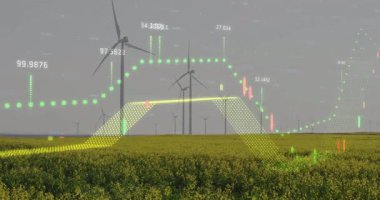 Yeşil veri işleme animasyon örtülü rüzgar türbinleri. Yenilenebilir enerji, sürdürülebilirlik, teknoloji, çevre, sürdürülebilir