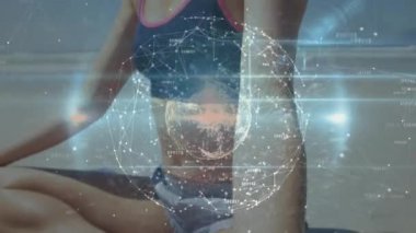 Dijital ağ ve veri işleme animasyonu yansıtıcı pozisyondaki kişi üzerinde. Teknoloji, gelecekçilik, bağlantı, yenilik, analitik