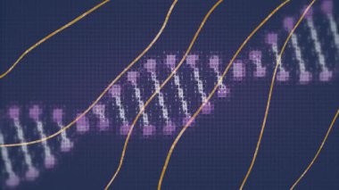 İkili kodlama ile DNA ipliği, bilimsel verileri animasyon tarzında işliyor. Bilim, biyoteknoloji, genetik, dijital, yenilik, araştırma