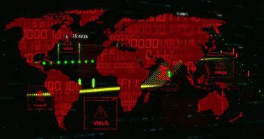 Dijital animasyon, dünya haritasını virüs ve kötü amaçlı yazılım uyarılarını kırmızı ve yeşil olarak gösteriyor. Siber güvenlik, koruma, teknoloji, küresel, ağ