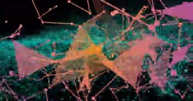 Renkli geometrik şekillerin ve çizgilerin animasyonu dijital ağ şablonu oluşturuyor. Soyut, bağlantı, geleceksel, teknoloji