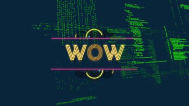 Yeşil kodlama ve veri işleme geçmişi üzerine Neon WOW metin animasyonu. Teknoloji, dijital, fütüristik, siber, konsept, iletişim