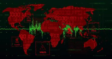 Virüs ve kötü amaçlı yazılım uyarılarını kırmızı ve yeşil olarak gösteren dijital dünya haritasının animasyonu. Siber güvenlik, teknoloji, küresel, ağ, internet