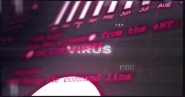 Dijital grafikler ve veri görselleştirme elementleri üzerinden virüs metni animasyonu. Analitik, siber, bilgi, teknoloji, analiz