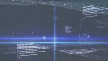 Çevreyi ikili kod ve veri çizgileriyle kaplayan dijital bağlantıların animasyonu. Teknoloji, yenilik, ağ, iletişim, fütüristik, sanal