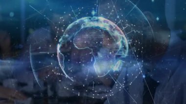 Ağ bağlantıları ve arka planda veri noktaları olan dijital dünyanın animasyonu. Teknoloji, küresel, bağlantı, gelecek, iletişim, yenilik