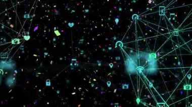 Renkli konfeti arka planında ağ bağlantılarıyla veri işleme animasyonu. Teknoloji, bağlantı, siber alan, dijital, sanal, iletişim