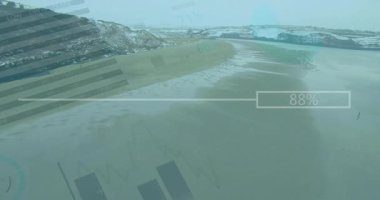 Sahil manzarasını kaplayan veri canlandırma grafiklerinin animasyonu. Analizler, teknoloji, bilgi, okyanus, yenilik, çevre