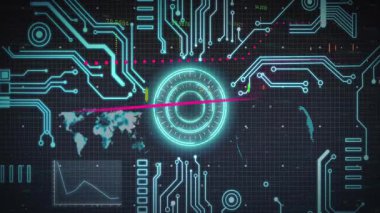 Devre kalıpları ve finansal verilerle gelecekteki dijital arayüzün animasyonu. Teknoloji, yenilik, finans, ağ