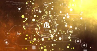 Bankacılık simgeleri ve dijital ağ animasyonlarıyla altın soyut bir arkaplan. Finans, teknoloji, güvenlik, gelecekçilik, ekonomi