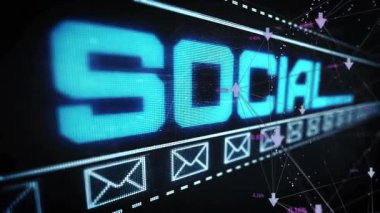 Veri animasyonu üzerinde parlayan metin ve e-posta simgelerine sahip dijital ağ kavramı. Teknoloji, iletişim, bağlantı, internet, çevrimiçi, bilgi