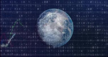 Küresel veri analizi için ikili kod ve finansal grafiklerle Dünya 'nın animasyonu. Teknoloji, finans, analitik, ağ, dijital, ekonomi