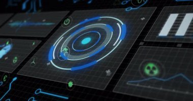 Okuldaki dairesel grafiklerle fütüristik dijital arayüzün animasyonu gösteriliyor. Teknoloji, yenilik, gelecek, eğitim, veri, analitik