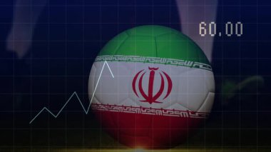 İran futbol topu ve 150.00 numaralı animasyon ile dalgalı finansal grafik. Maliye, ekonomi, hisse senetleri, analitik, veri, spor