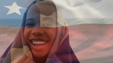 Çöl manzarasını kaplayan renkli kumaşlar ve animasyon tarzında gülümseyen insanlar. Gerçeküstü, canlı, yaratıcı, kaprisli, fantezi, illüstrasyon