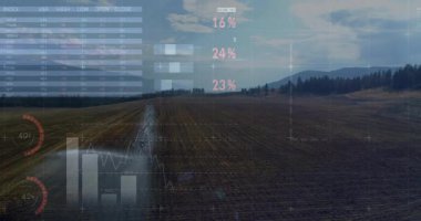 Tarımsal manzara üzerinde haritalar ve dünya haritalarıyla veri canlandırma animasyonu. İstatistik, analitik, tarım arazisi, bilgi, coğrafya, grafikler