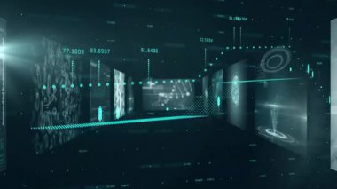 Fütüristik laboratuvarda DNA ipliği animasyonu ve bilimsel verileri gösteren dijital ekranlar. Biyoteknoloji, genetik, yenilik, laboratuvar, araştırma, bilim