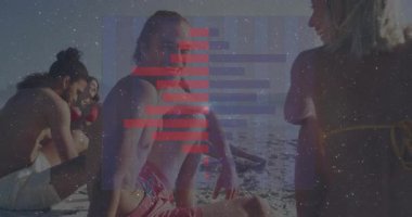 Sahilde, yıldızlı ışık animasyonuyla dinlenen insanlar manzarayı örtüyor. Tatil, dinlenme, dinlenme, gece, sahil, huzur