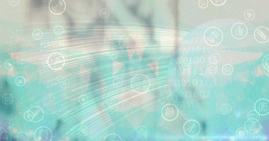 Arkaplanı bulanık dijital simgelerle kaplı küre görüntüsü. küresel bağlantılar, dijital arayüz ve teknoloji konsepti dijital olarak oluşturulmuş görüntü.