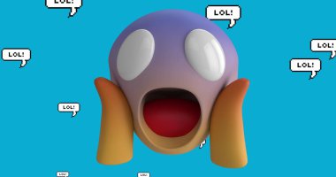 Mavi arkaplanda lol metin ile şok olmuş emoji simgesi resmi. küresel sosyal medya ve iletişim konsepti dijital olarak oluşturulmuş görüntü.