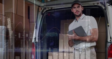 Teslimatçı ve minibüsün istatistik ve mali veri işleme görüntüsü. küresel gönderim, dağıtım, iş, veri işleme ve teknoloji konsepti dijital olarak oluşturuldu.