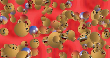 Kırmızı arkaplanda yüzen emoji simgeleri. küresel sosyal medya ve iletişim konsepti dijital olarak oluşturulmuş görüntü.