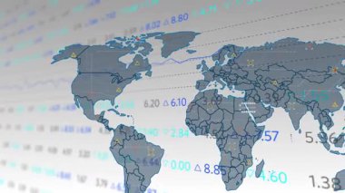 Küresel istatistikler için dünya haritasındaki finansal veri ve grafikleri kapsayan animasyon. Ekonomi, analitik, finans, küreselleşme, ticaret, iş