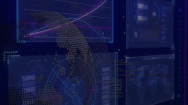 Fütürist veri grafikleri ve arayüz elementleriyle dijital dünya haritasının animasyonu. Global, teknoloji, analitik, yenilik, sunum