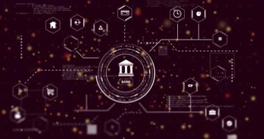 Parlayan parçacıkların olduğu dijital ağ bankacılık teknolojisi simgelerini birbirine bağlıyor. fintech, engelleme zinciri, yenilik, bağlantı, finans, ağ