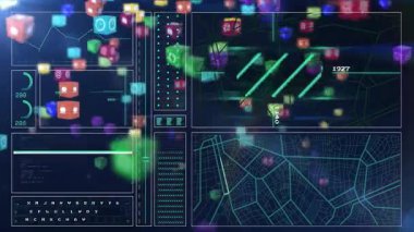 Renkli veri küplerinin ve bağlantılarla dijital arayüzdeki grafiklerin animasyonu. Teknoloji, analitik, veri görselleştirme, fütüristik, yenilik