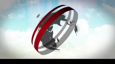 Bulutlu gökyüzünde kırmızı ve gri halkalarla dönen dünya animasyonu. Küresel, bağlantı, dijital, geleceksel, soyut, teknoloji
