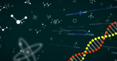 Bilimsel veri işleme animasyonlu DNA ipliği ve moleküler yapılar. Biyoteknoloji, genetik, araştırma, bilim, analiz, deney