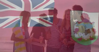 İçkiyle kutlama, elinde maytap tutan arkadaşlar, üzerinde bayraklar olan animasyon sahneleri. Parti, kutlama, arkadaşlık, gece hayatı, toplanma