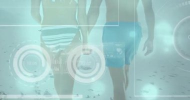 Dijital veri ve grafiklerle sahilde yürüyen çift animasyonu örtüyor. Teknoloji, fütürist