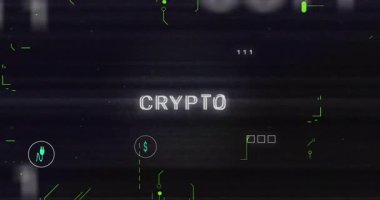 Dijital semboller ve KRYPTO metin animasyonu koyu bulanık arkaplan üzerinde. Kripto para birimi, engelleme zinciri, finans, ağ, fütürist, teknoloji