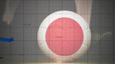 Kırmızı daireli ve yükselen mavi ok grafikli futbol topunu gösteren animasyon. Büyüme, istatistik, veri, finans, strateji, analiz
