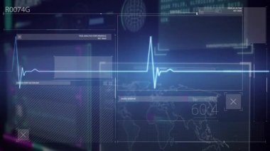 Dijital dünya haritası ve veri arayüzü üzerinde kalp atışı monitörü animasyonu. Teknoloji, siber güvenlik, küresel, analitik, fütüristik, ağ