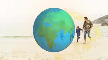 Sahilde renkli ışıltılarla yürüyen birinin dünya animasyonu. Doğa, deniz kenarı, sükunet