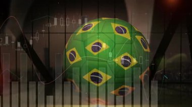 Finansal veri tabloları üzerinde Brezilya bayraklarının yeşil futbol topunun animasyonu. Finans, ekonomi, yatırım, küresel, spor, istatistik
