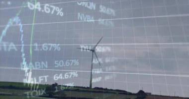 Kırsal alanda rüzgar türbini üzerinde borsa veri animasyonu. Yenilenebilir enerji, finans, ekonomi, sürdürülebilirlik, büyüme